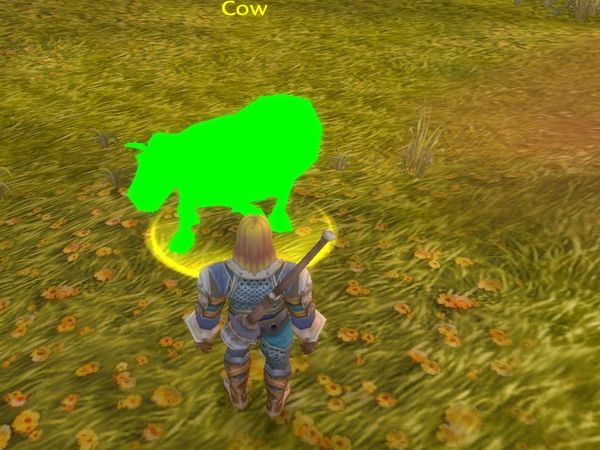 Captura de World of Warcraft en la que un personaje está junto a una vaca que se ve como una silueta verde chillón porque le falta la textura.