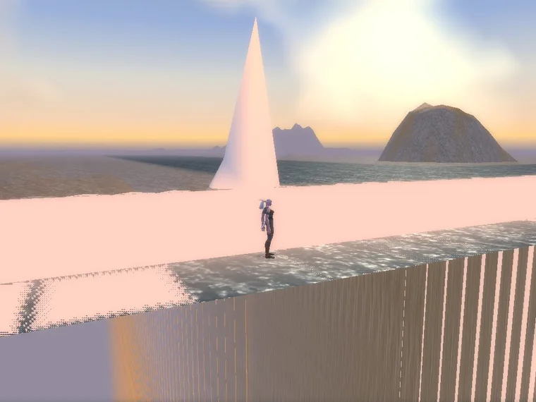 Un personaje en el borde roto del mapa, entre el mar renderizado y la geometría sin terminar.