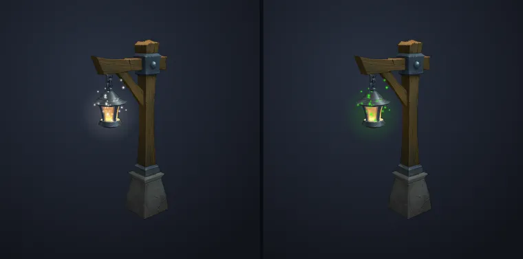 El mismo poste de luz de World of Warcraft dos veces. A la izquierda, del farol salen partículas blancas que pasan por luz. A la derecha, las mismas partículas en verde chillón, imposibles de confundir.