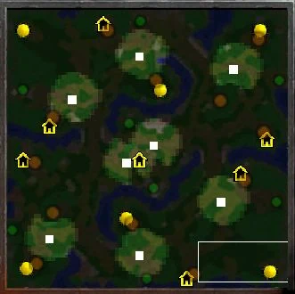 Mapa de WarCraft III con zonas cubiertas por la niebla y varias posiciones marcadas.