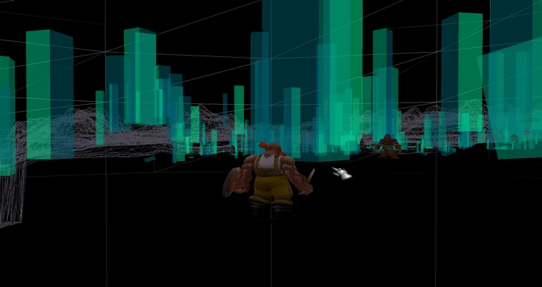 Vista de depuración del mundo con el terreno en wireframe y los volúmenes internos visibles.