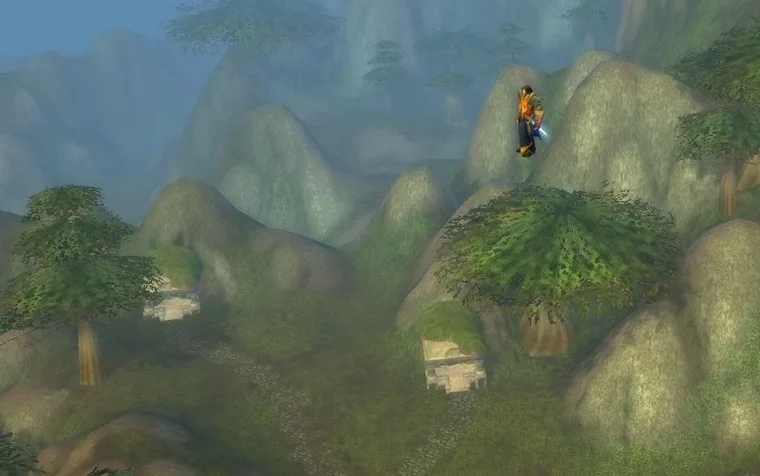 Un personaje de World of Warcraft cae lentamente bajo el efecto de Slow Fall, la habilidad que podía conceder el Noggenfogger Elixir.